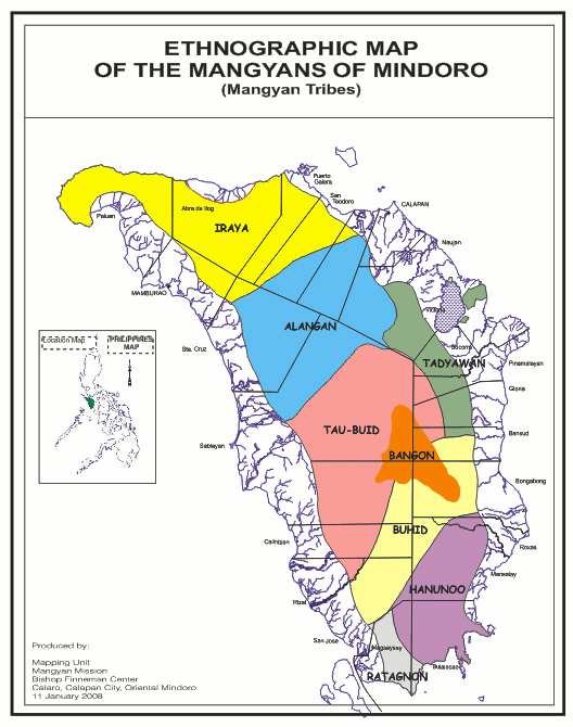 Ethnographic map showing where each Mangyan group lives on Mindoro island